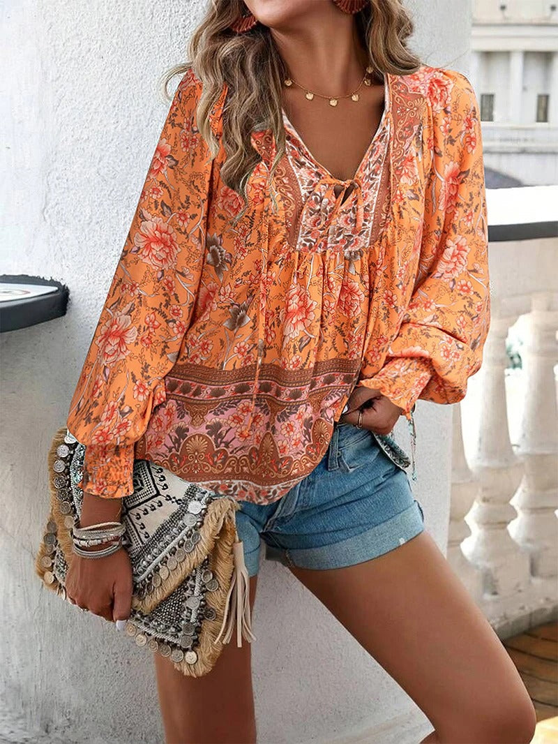 Women’s Floral Top with Relaxed Fit and Long Sleeves