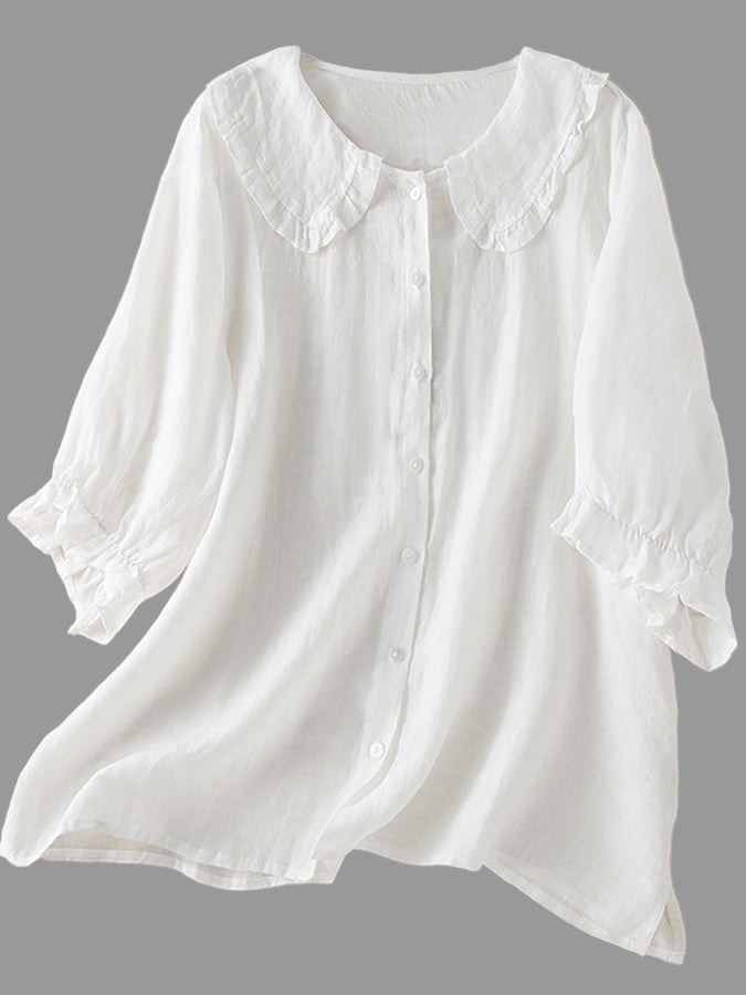 Cotton Loose Shirt with Ruffled Peter Pan Collar For Women