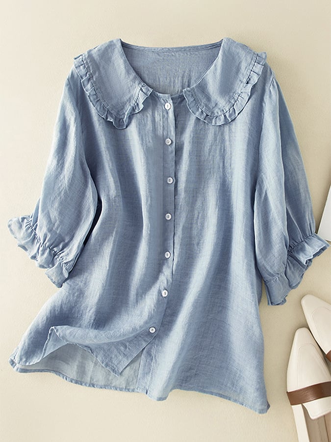 Cotton Loose Shirt with Ruffled Peter Pan Collar For Women