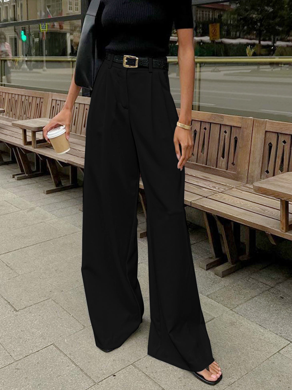 High-Waisted Wide-Leg Trousers with Structured Waistband