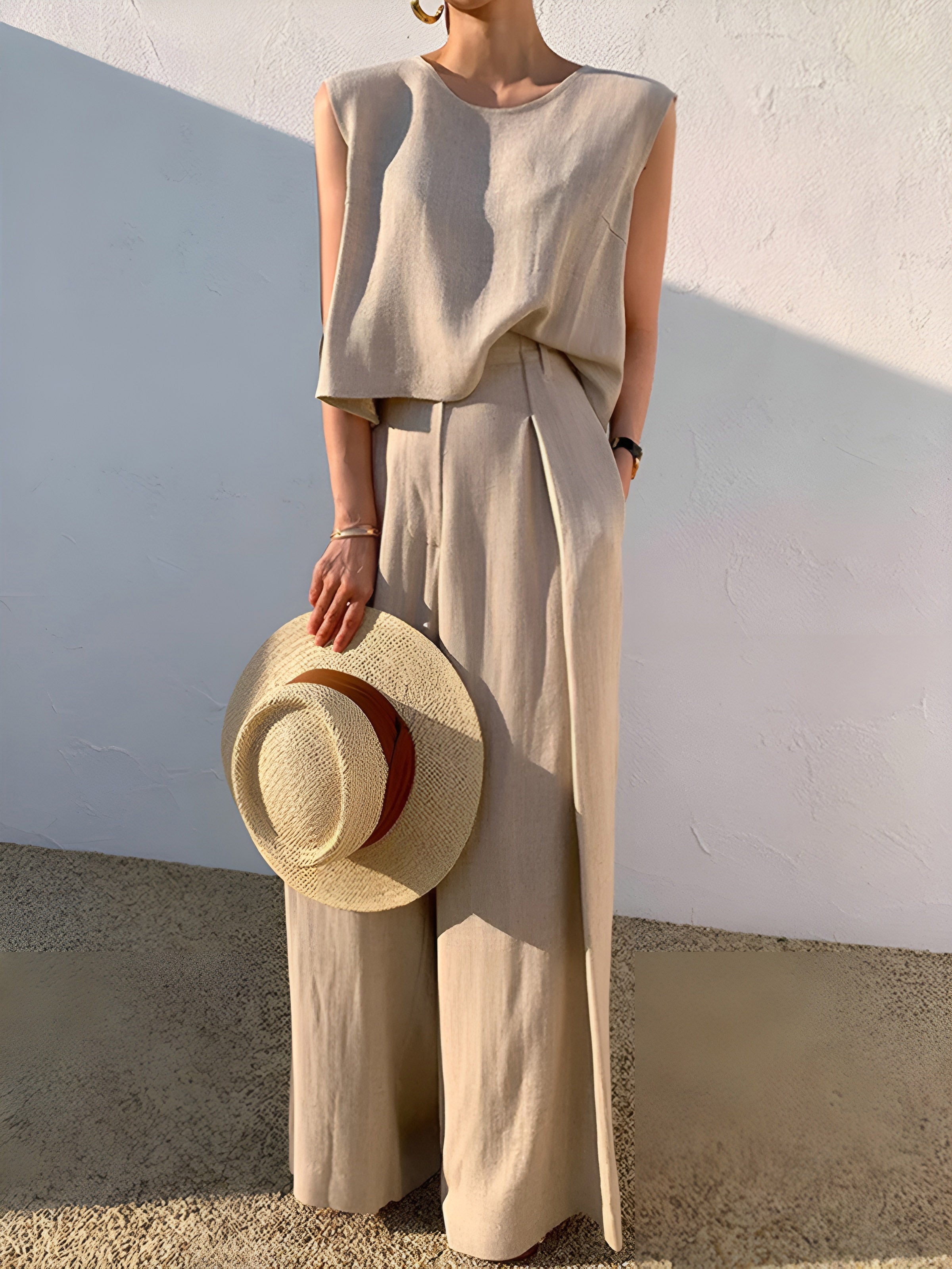 Women’s Linen Set with Sleeveless Top and Wide-Leg Trousers
