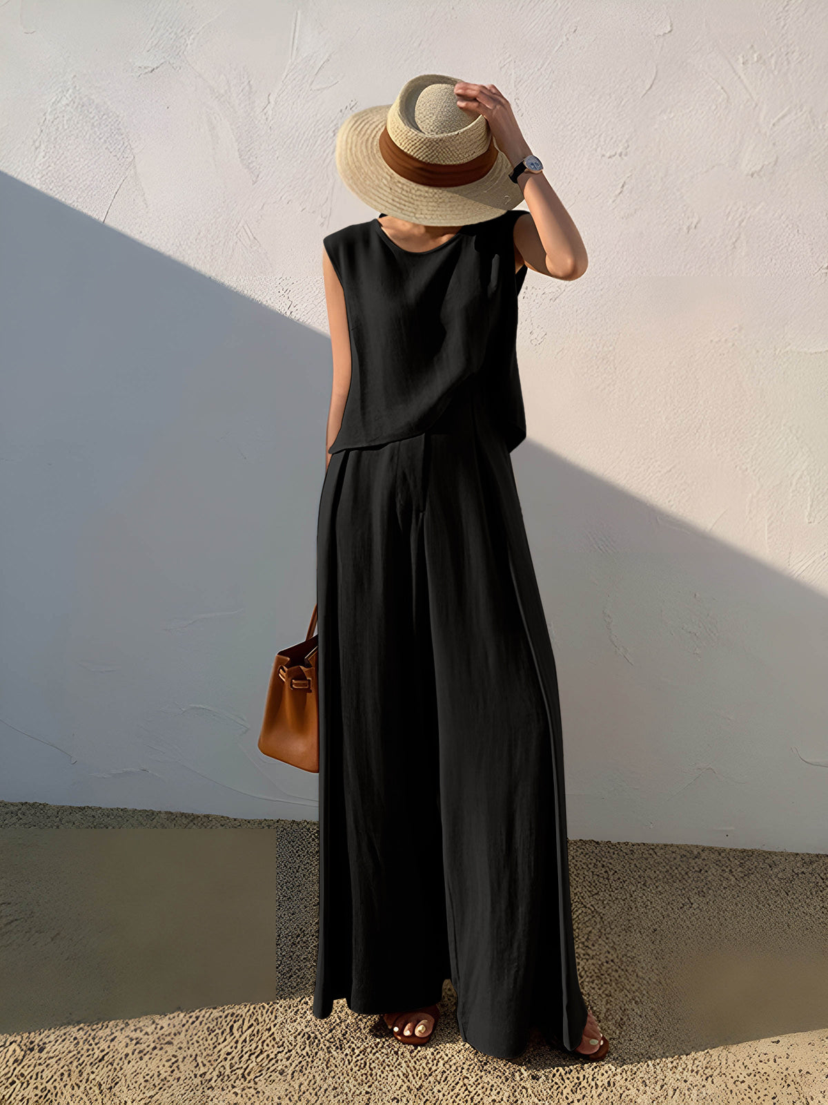 Women’s Linen Set with Sleeveless Top and Wide-Leg Trousers