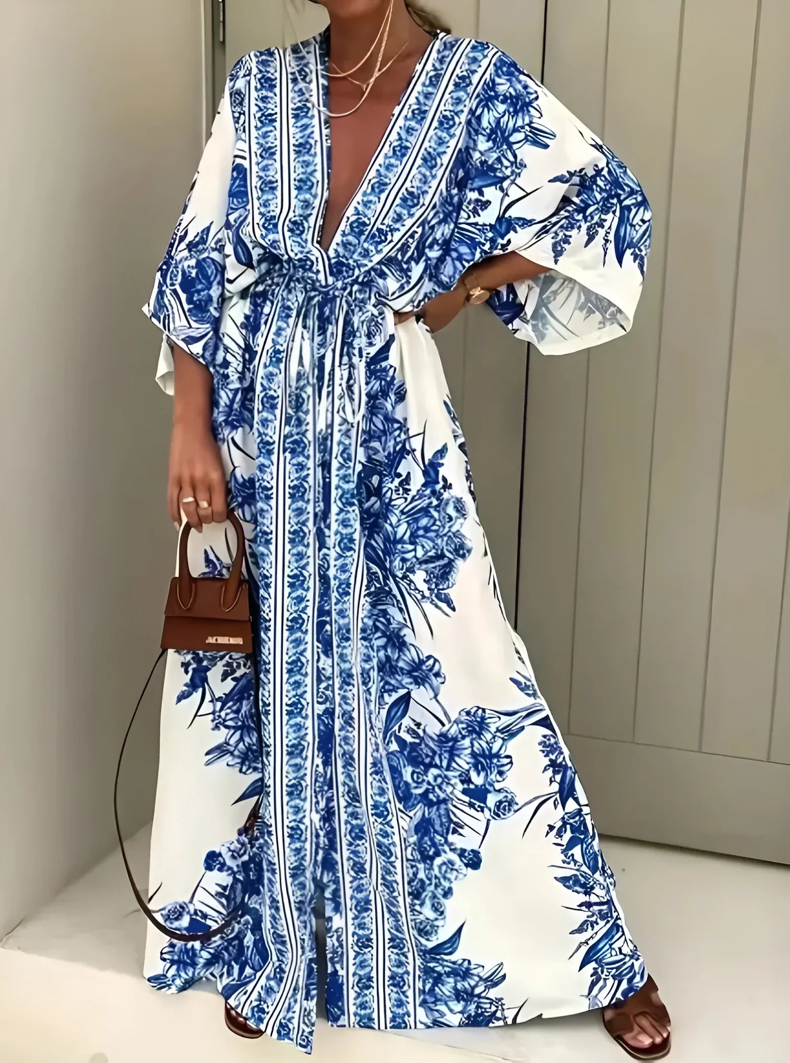 Bohemian V-Neck Maxi Dress – Women’s Flowing Bell Sleeve Style