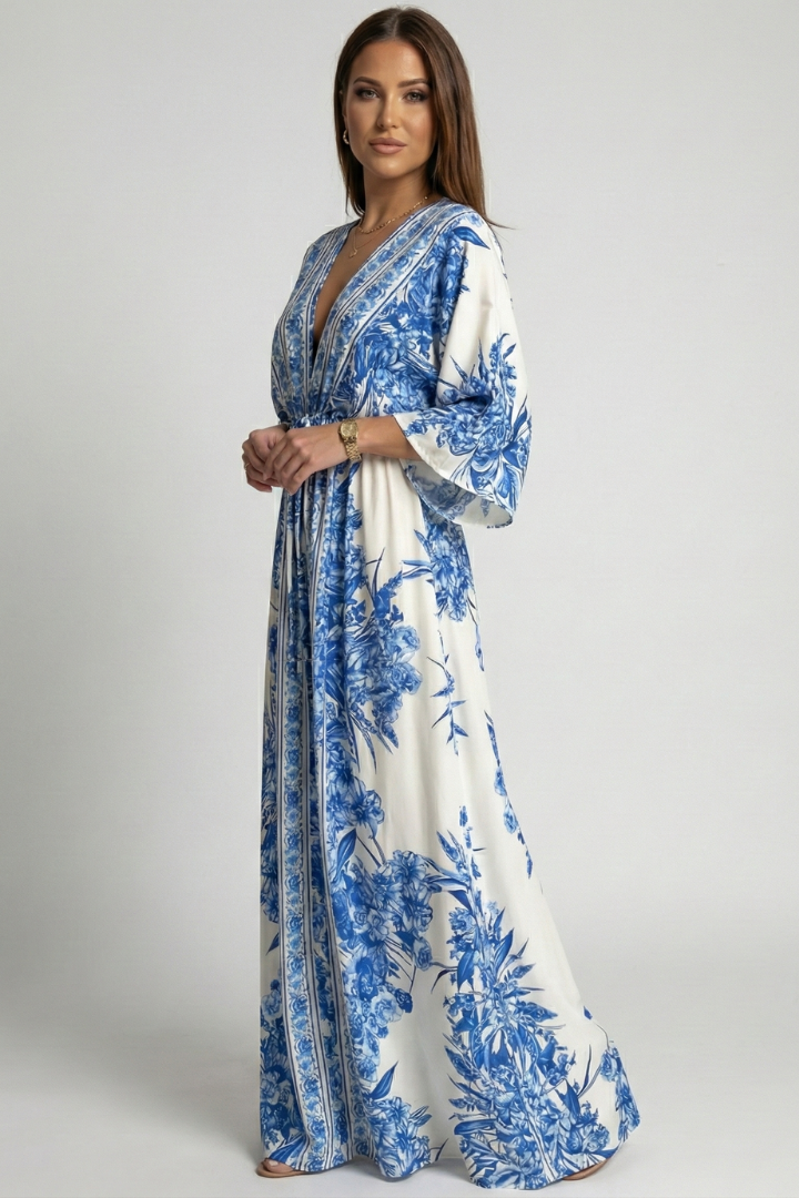 Women’s Maxi Dress with Bell Sleeves and V‑Neck