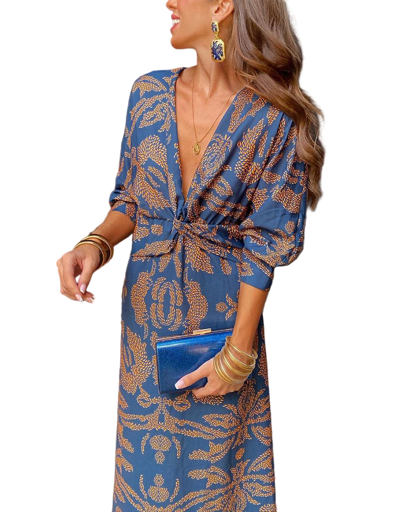 Women’s Maxi Dress with V-Neck and Printed Surface