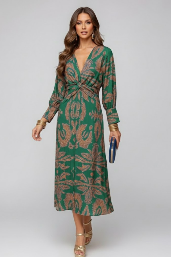 Women’s Maxi Dress with V-Neck and Printed Surface