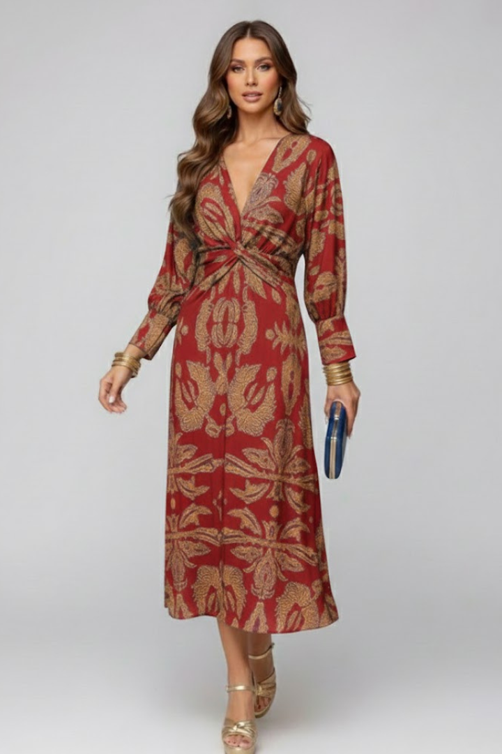Women’s Maxi Dress with V-Neck and Printed Surface