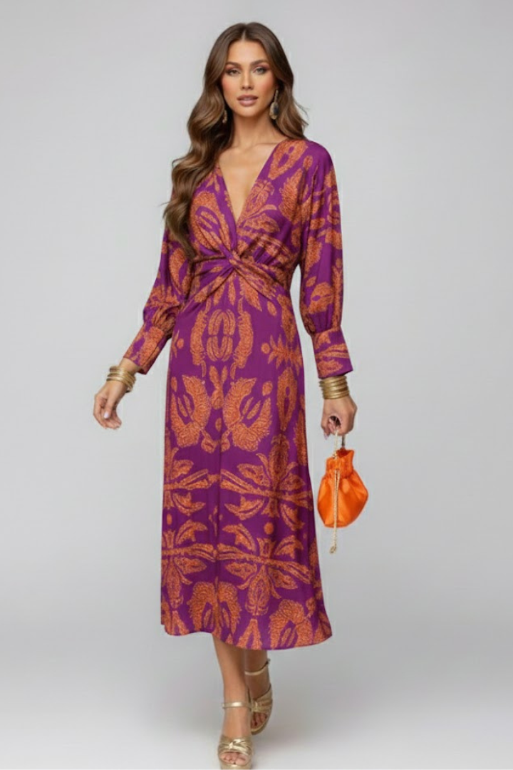 Women’s Maxi Dress with V-Neck and Printed Surface