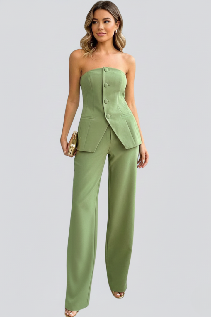 Women’s Bustier Set with Wide-Leg Pants and Button Detail