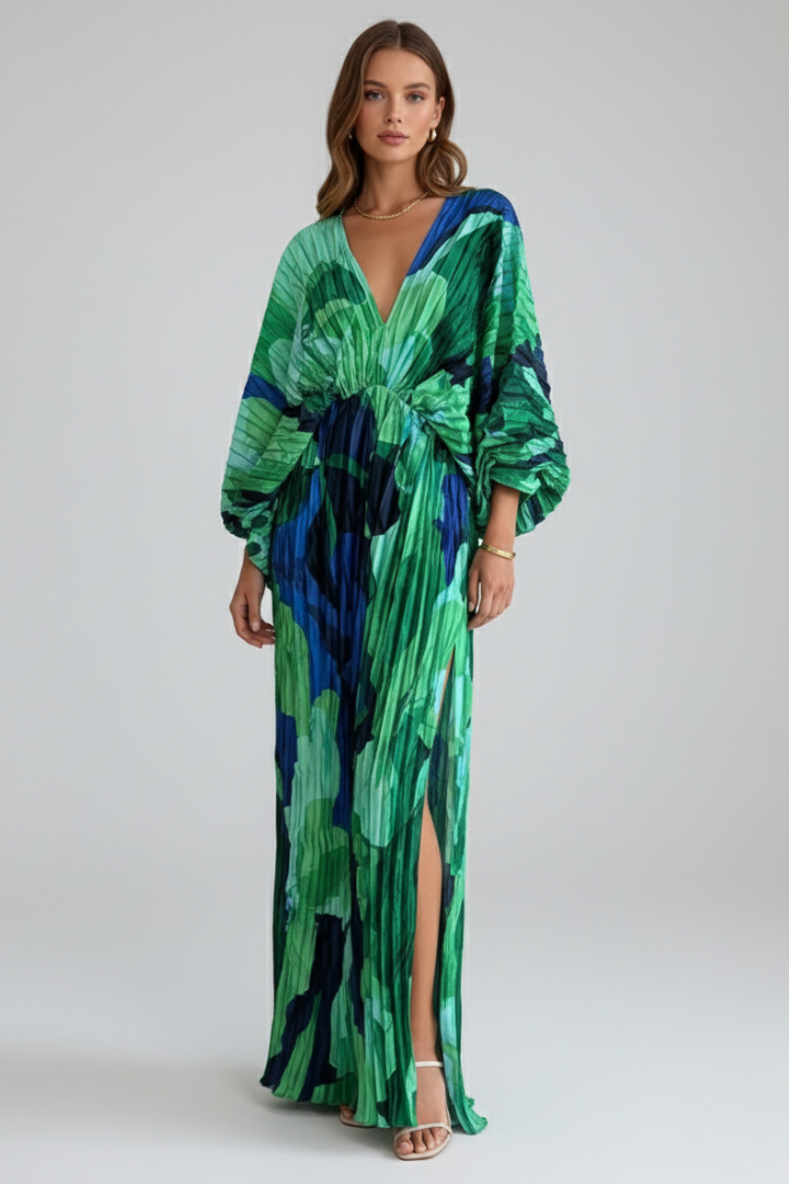 Women’s Long Dress with V-Neckline and Pleated Finish