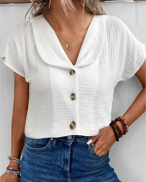 Collared Button Front Short Sleeve Blouse for Women