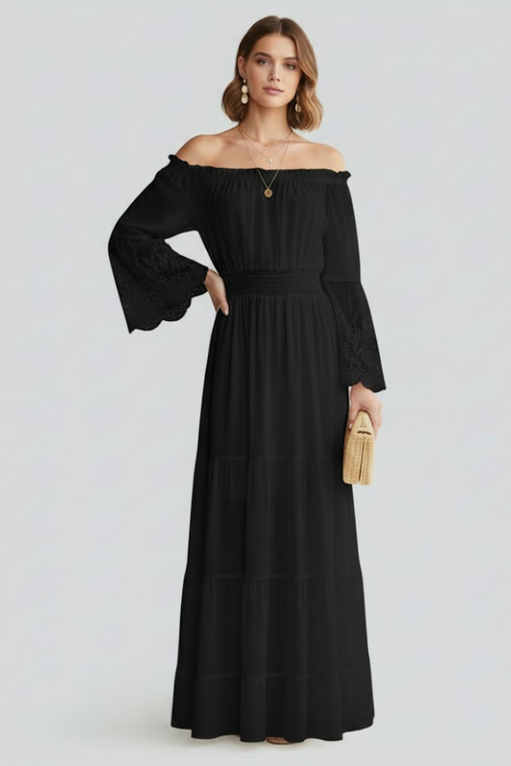 Women’s Maxi Dress with Off Shoulder and Lace Sleeves