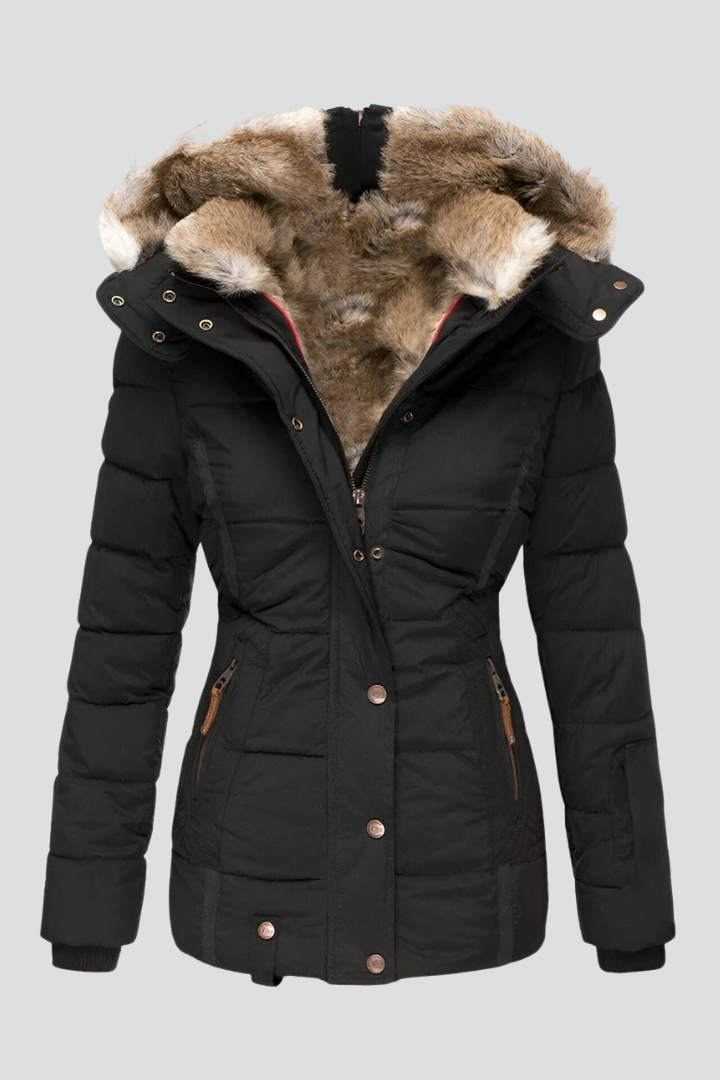 Women’s Hooded Jacket with Fur Trim and Padded Panels