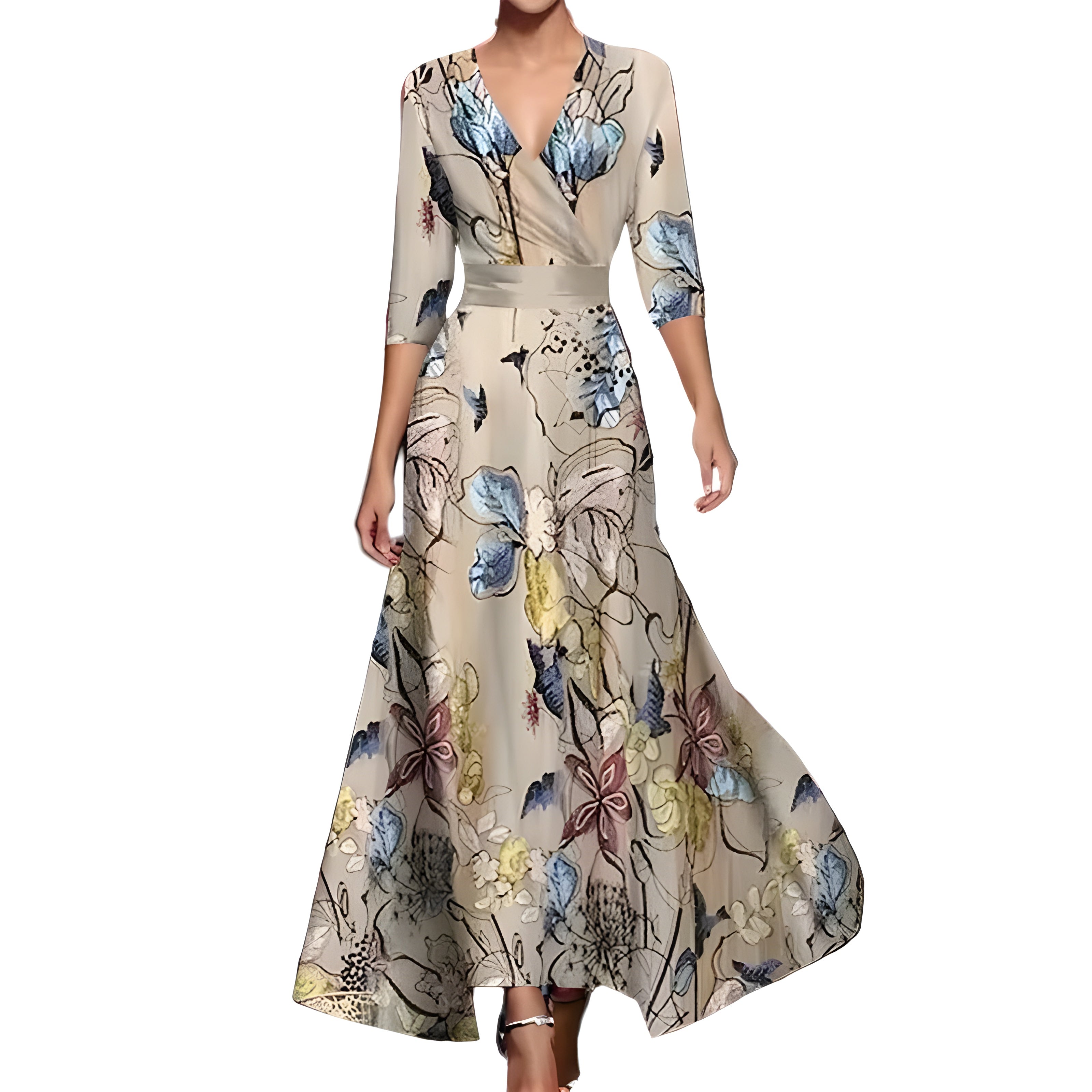 Women’s Maxi Dress with V-Neck and Printed Surface
