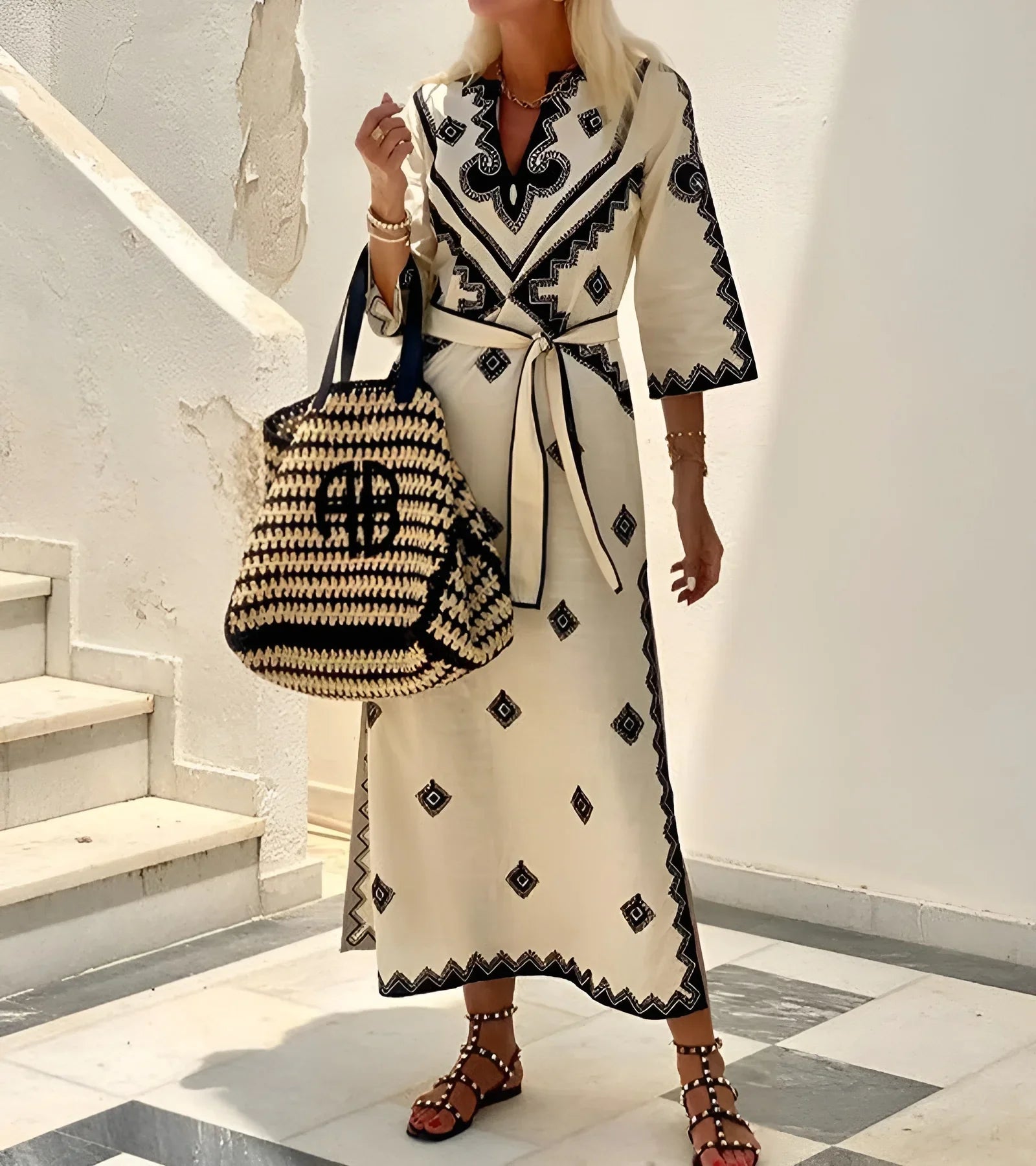 Embroidered V-Neck Kaftan Dress – Women’s Flowing Resort Style