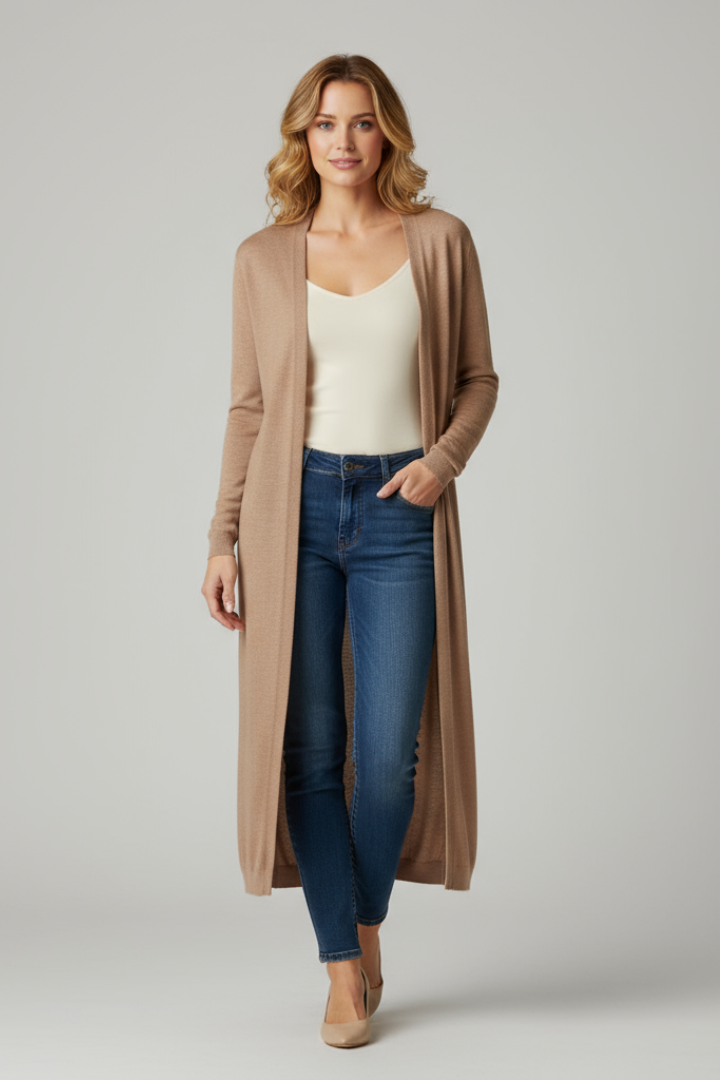 Women’s Long Cardigan with Open Front and Straight Outline