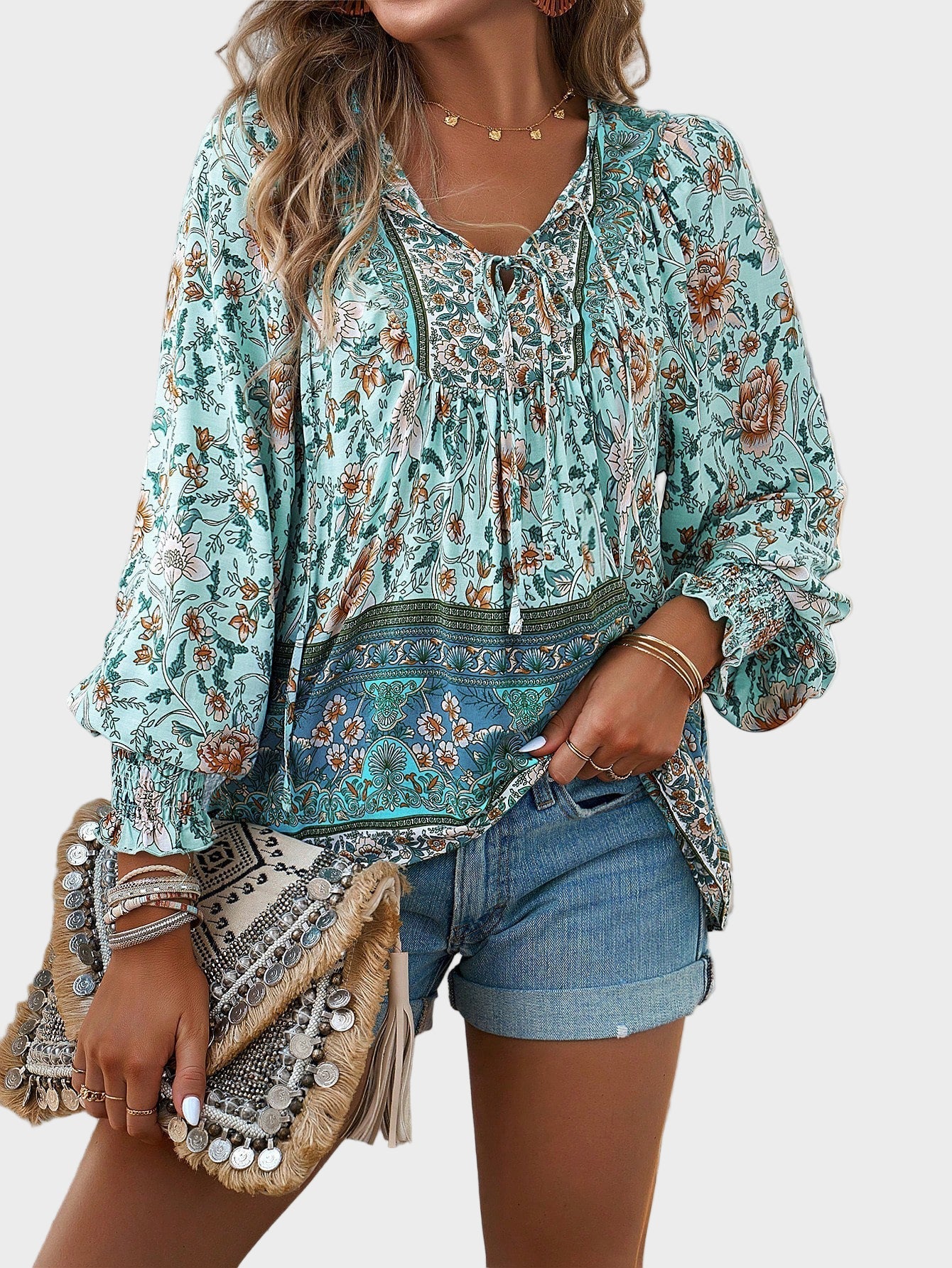 Floral Print V-Neck Tie Long Sleeve Tunic Blouse for Women