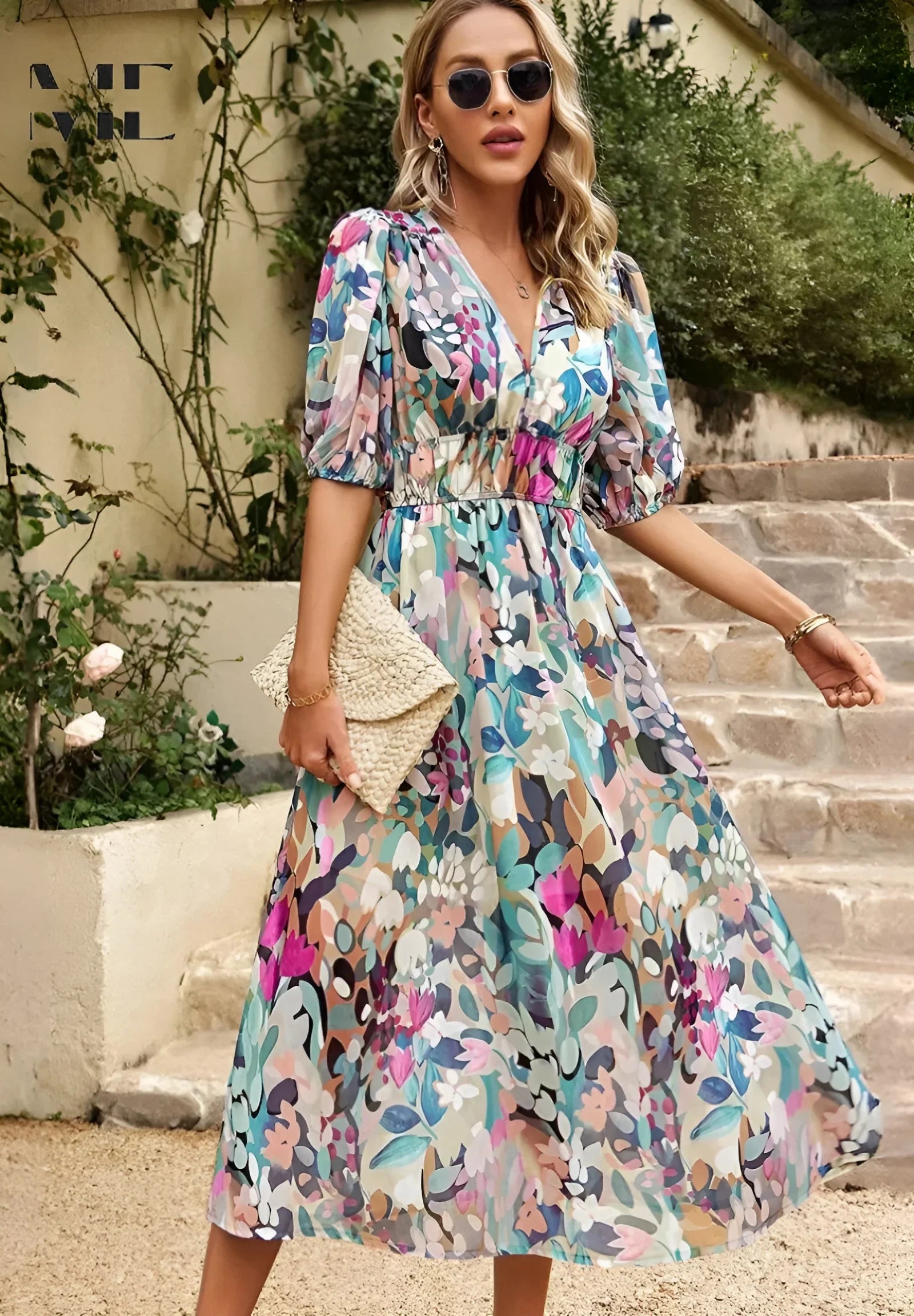 Floral Puff Sleeve Midi Dress for Women