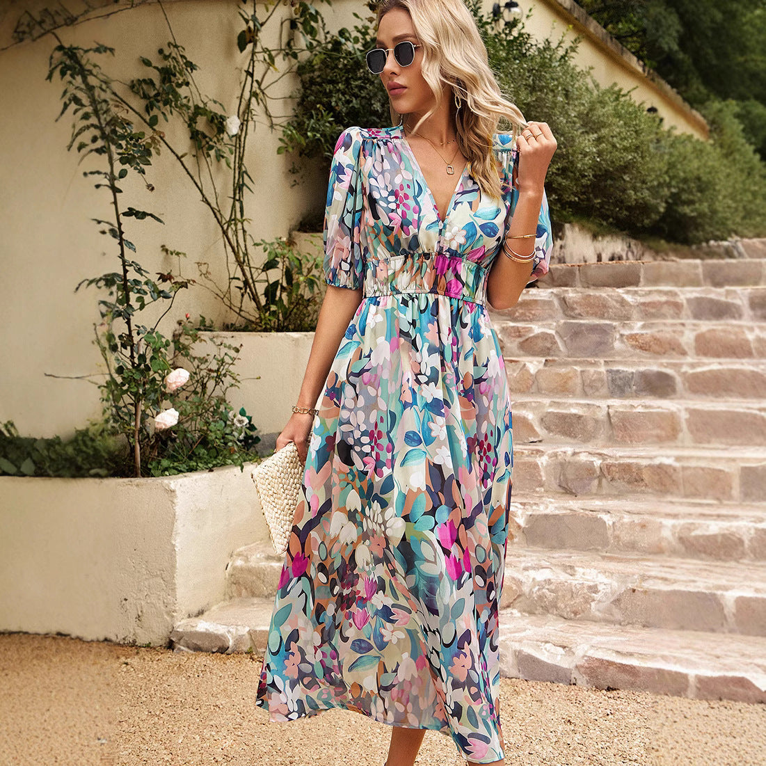 Floral Puff Sleeve Midi Dress for Women
