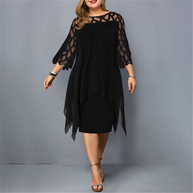 Women’s A Line Dress with Lace Sleeves and Asymmetrical Hem