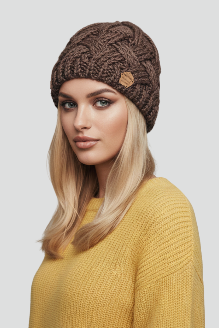 Women Knit Hat with Ribbed Edge and Textured Woven Surface