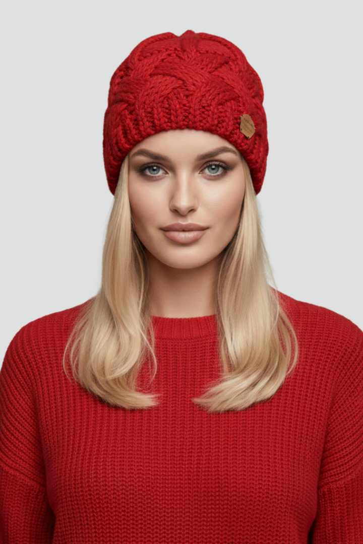 Women Knit Hat with Ribbed Edge and Textured Woven Surface