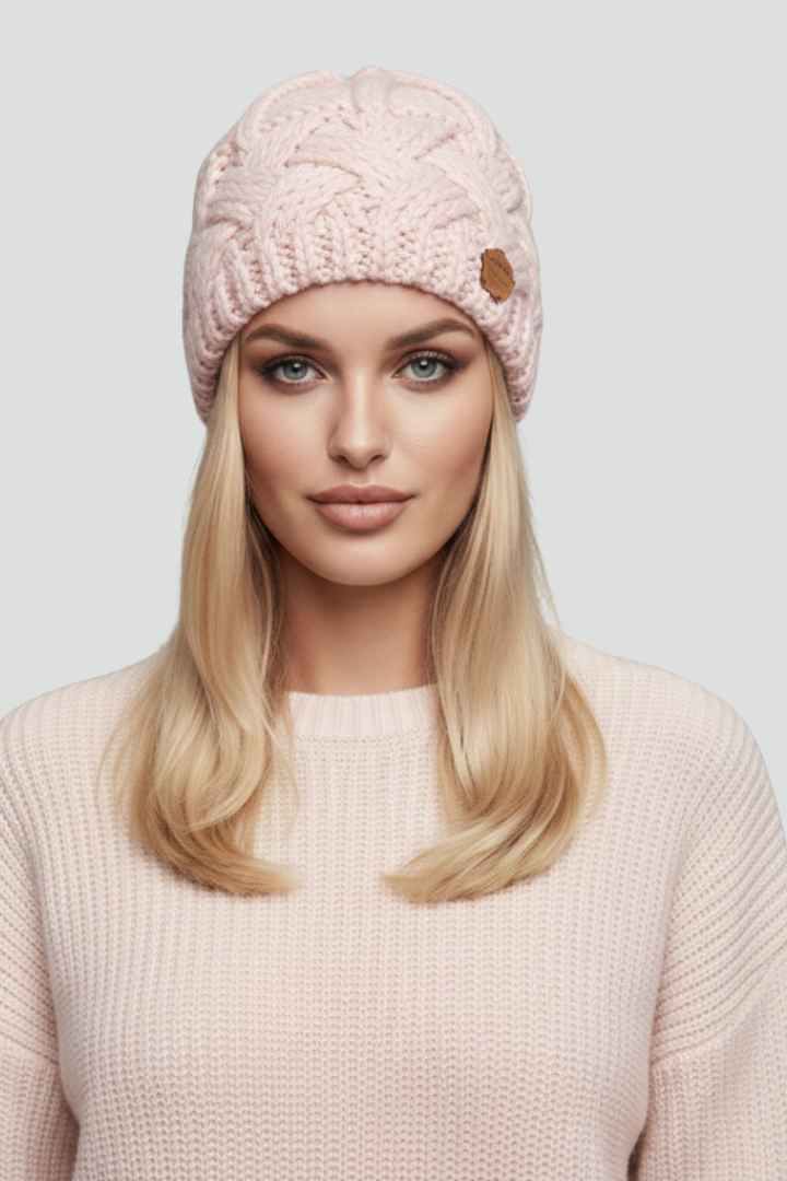 Women Knit Hat with Ribbed Edge and Textured Woven Surface