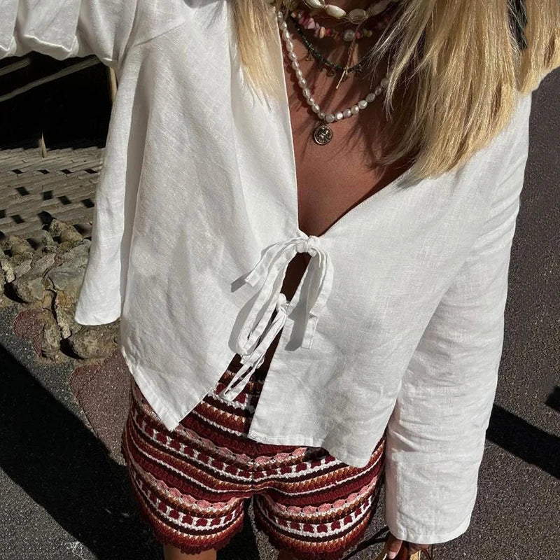 Lace Up V Neck Long Sleeve Blouse for Women