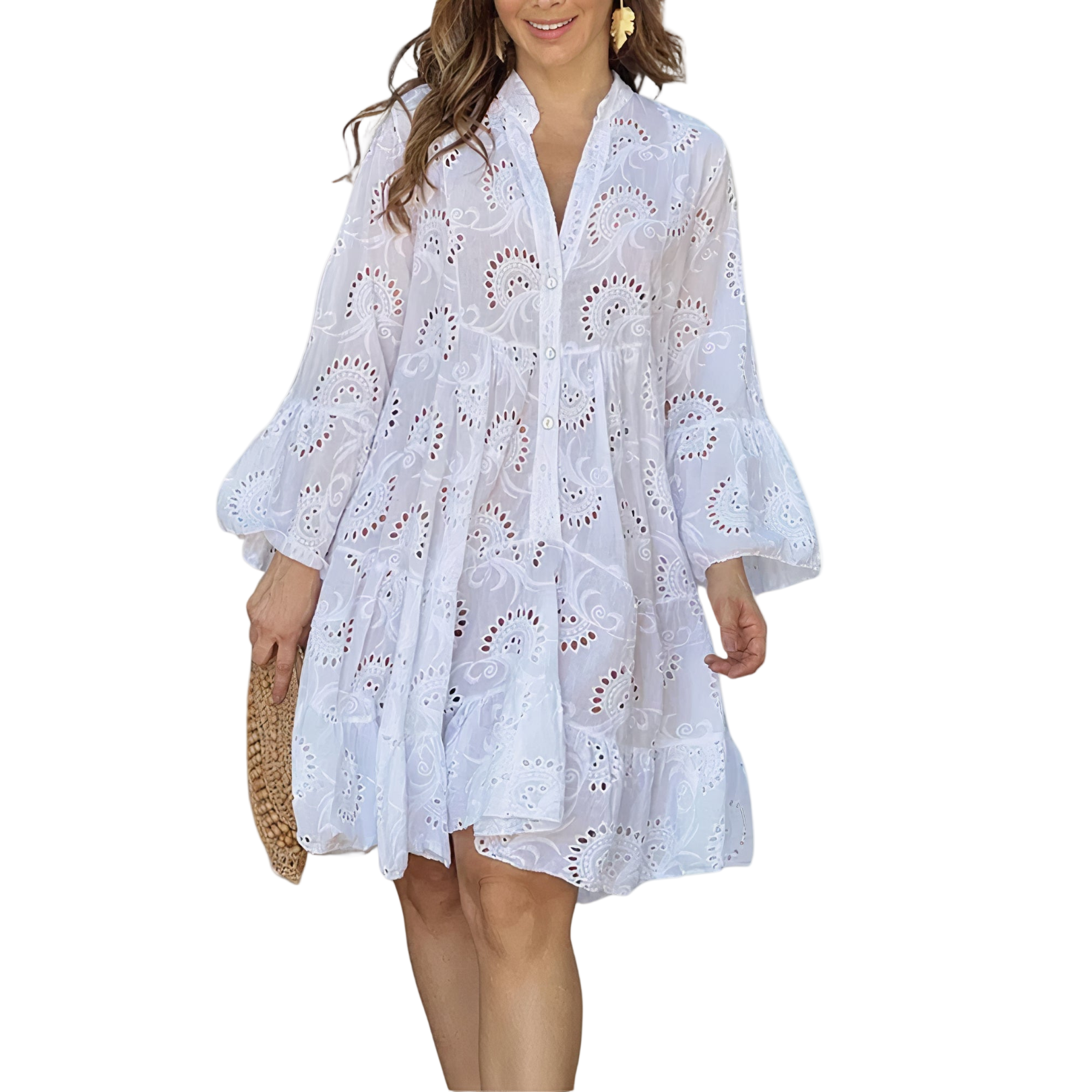 Women’s Mini Dress with V-Neck and Flared Sleeves
