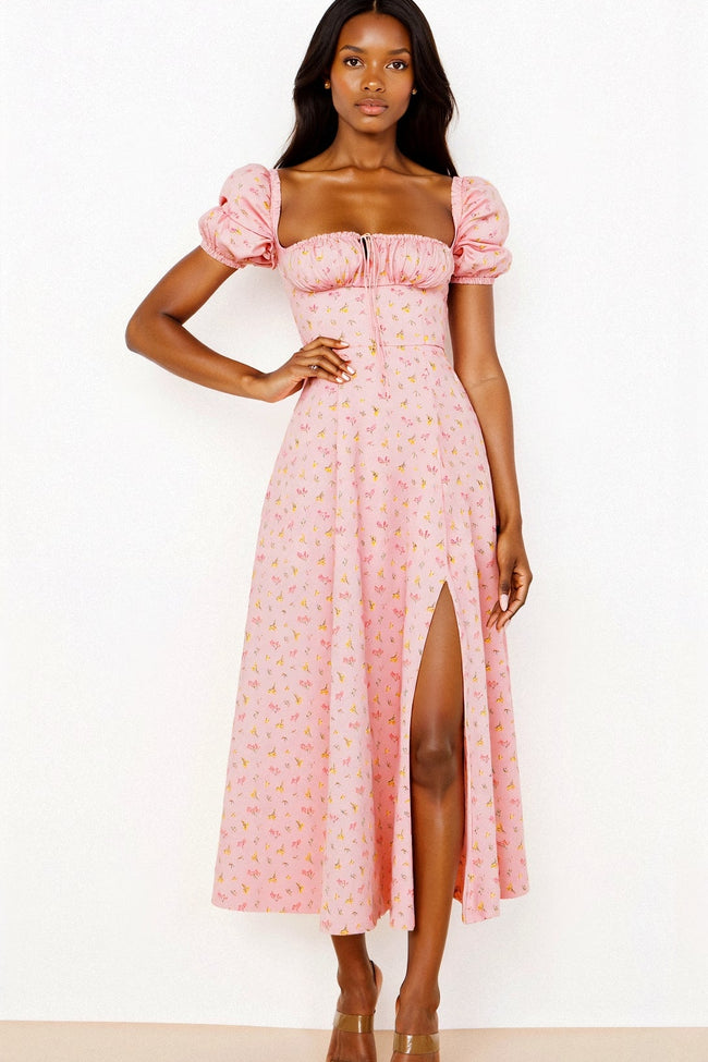 Women’s Midi Dress with Square Neckline and Puff Sleeves