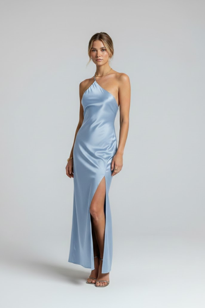 Women’s Maxi Dress with Slit and Asymmetric Neckline