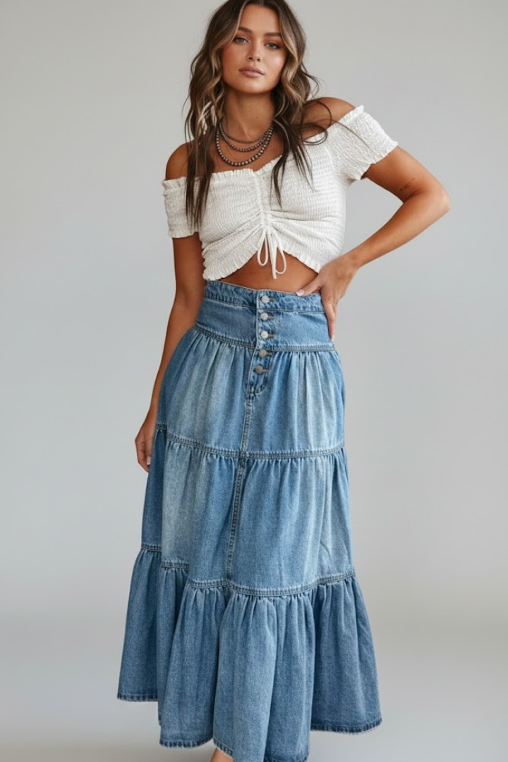 Women’s Denim Maxi Skirt with Buttons and Tiers