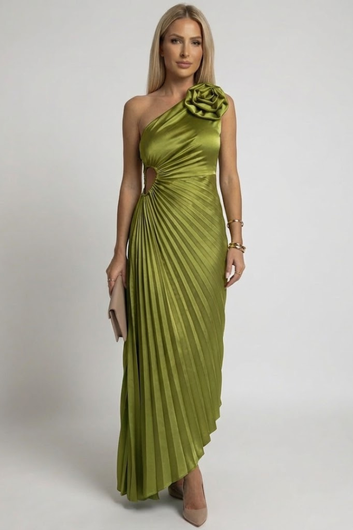 Women’s Maxi Dress with One Shoulder and Pleated Design