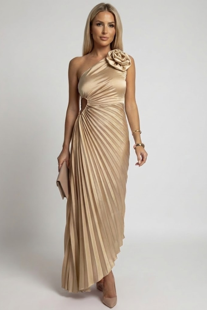 Women’s Maxi Dress with One Shoulder and Pleated Design