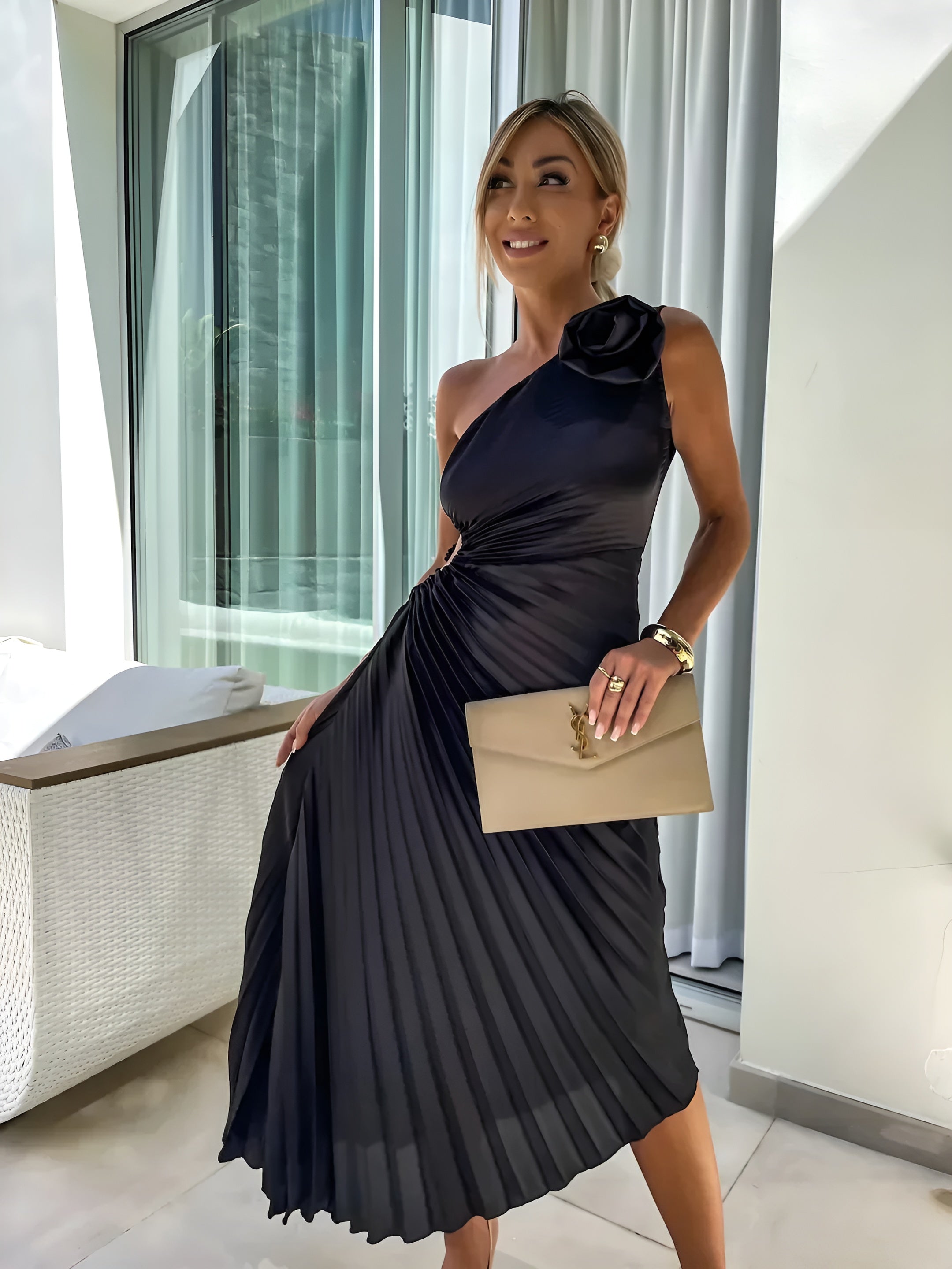 One-Shoulder Pleated Maxi Dress for Women