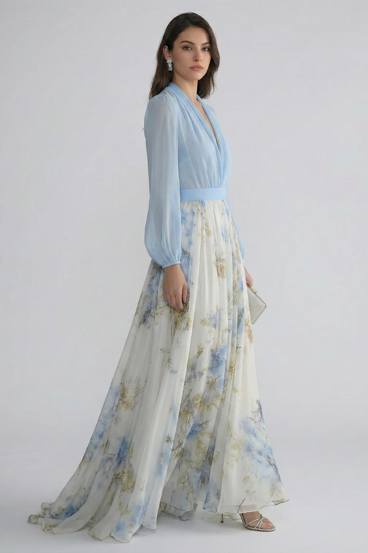 Women’s Maxi Dress with V-Neckline and Sheer Sleeves