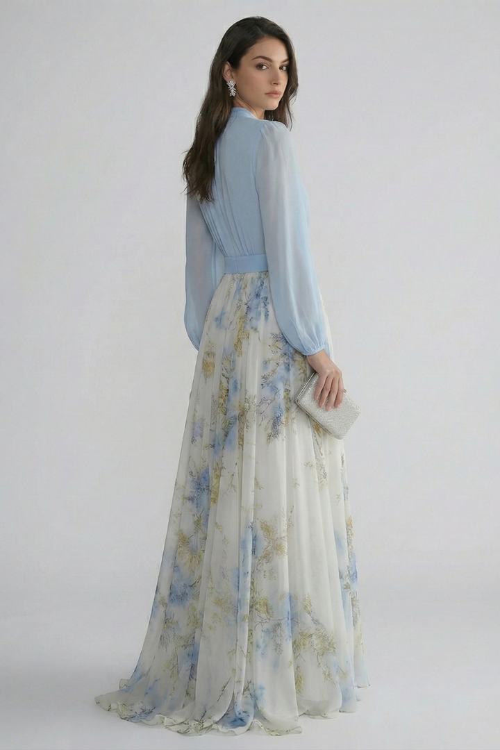 Women’s Maxi Dress with V-Neckline and Sheer Sleeves