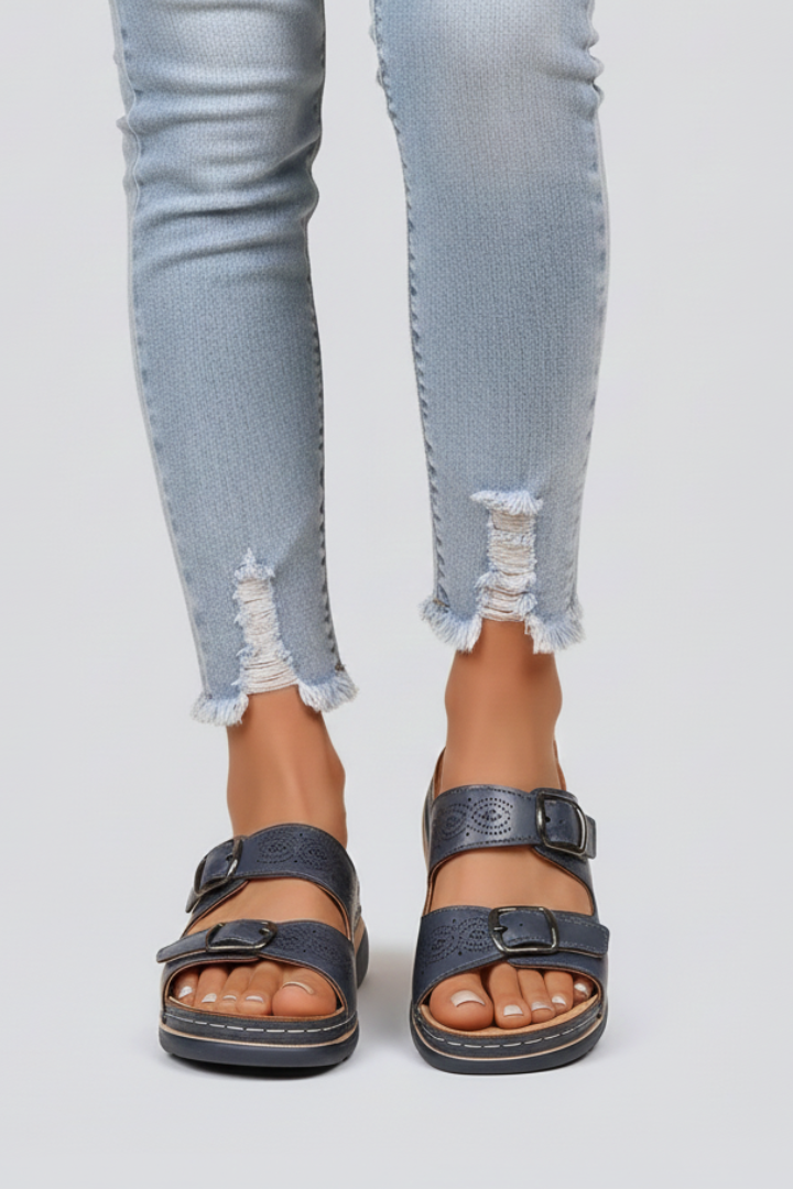 Women’s Open-Toe Sandals with Buckle Straps and Flat Sole