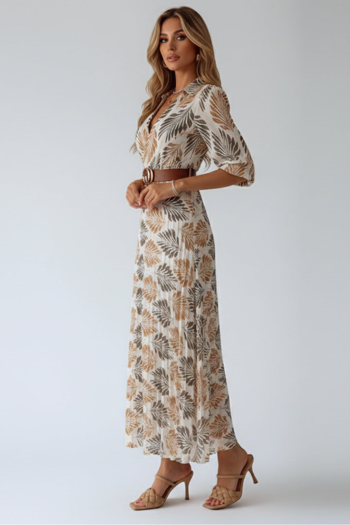 Women’s Maxi Dress with Patterned Print and Elbow‑Length Sleeves