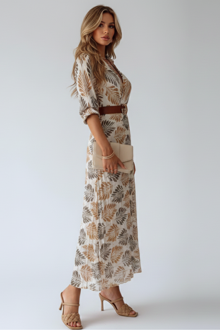Women’s Maxi Dress with Patterned Print and Elbow‑Length Sleeves