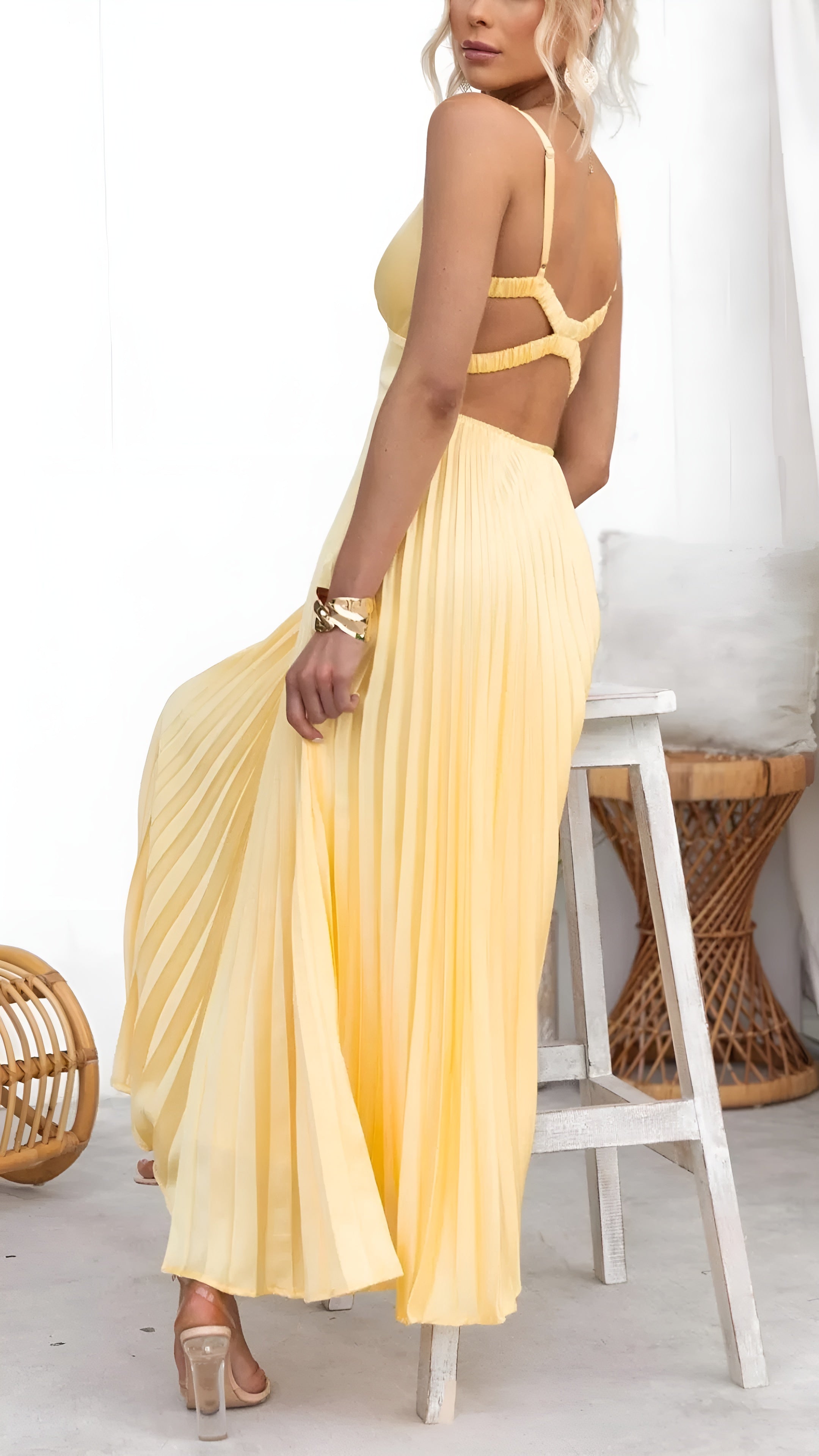 Pleated V-Neck Maxi Dress for Women