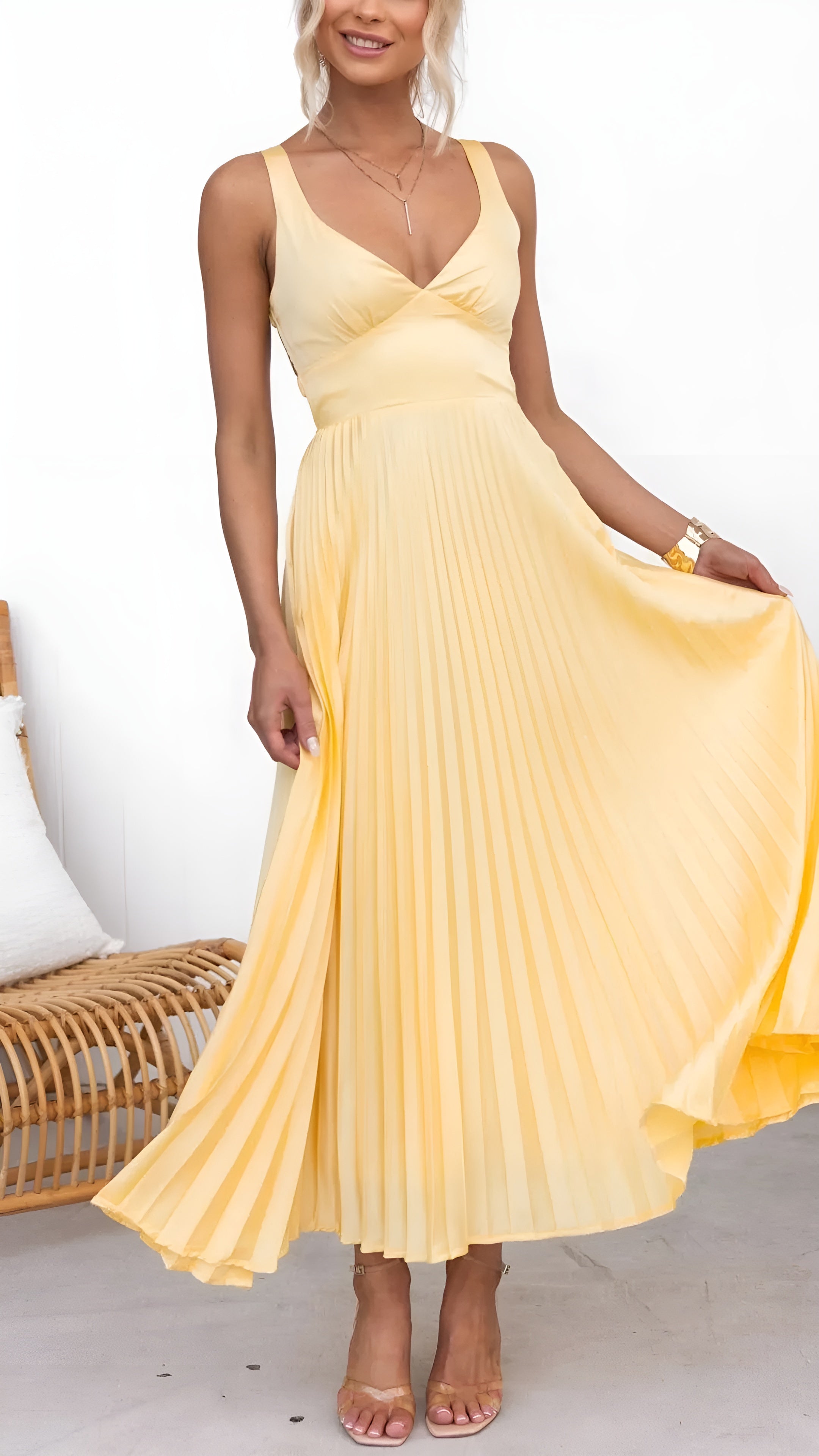 Pleated V-Neck Maxi Dress for Women