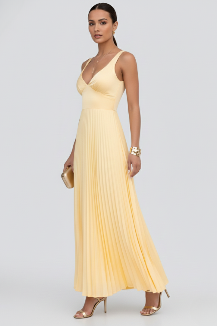 Women’s Maxi Dress with Pleated Skirt and V‑Neck