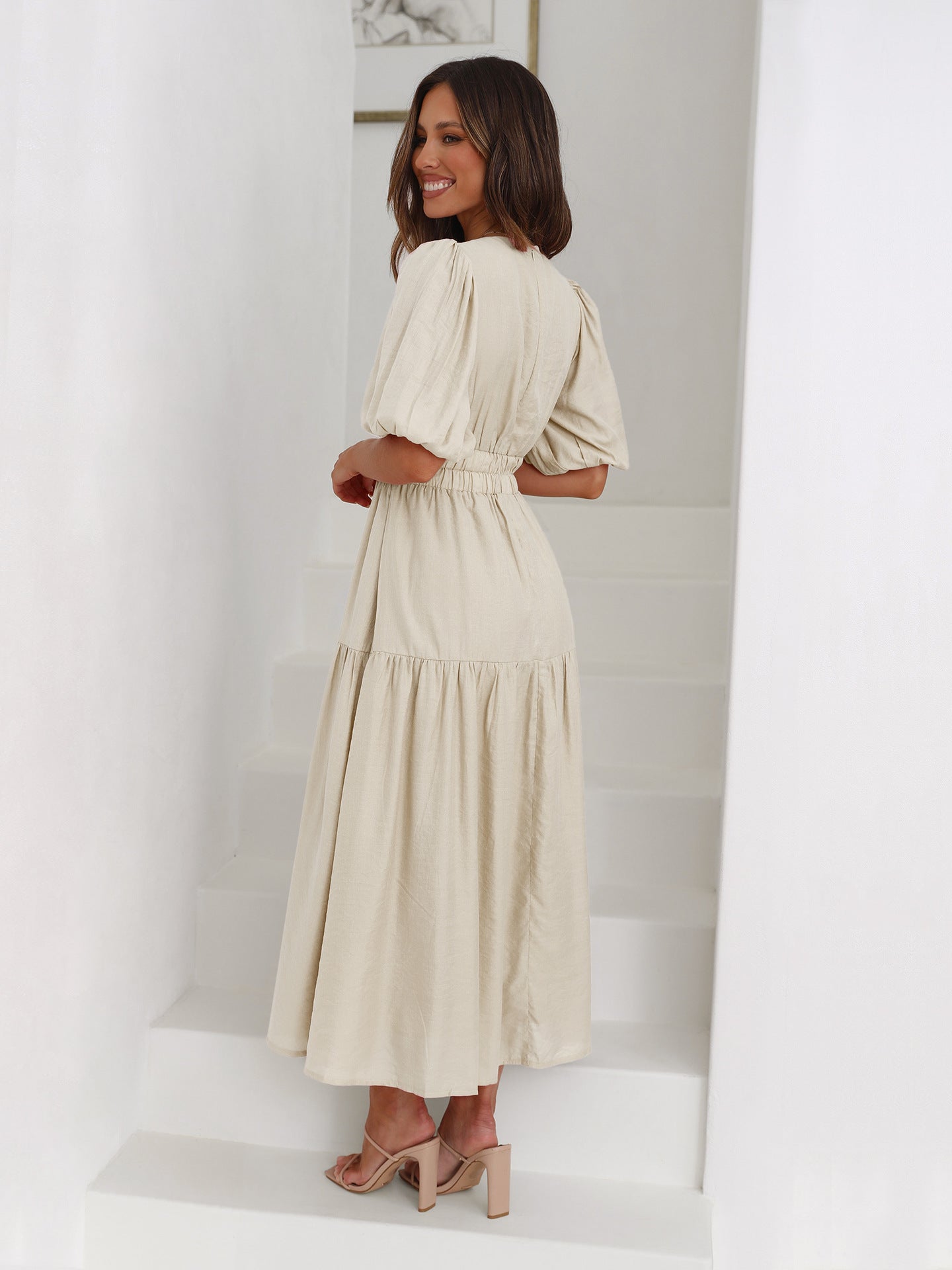 Puff Sleeve Midi Dress with Tiered Skirt