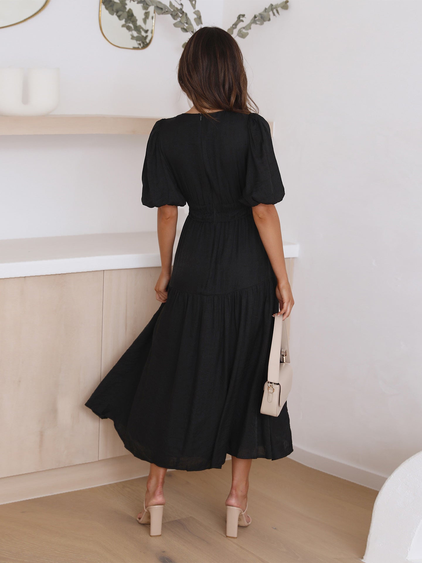 Puff Sleeve Midi Dress with Tiered Skirt