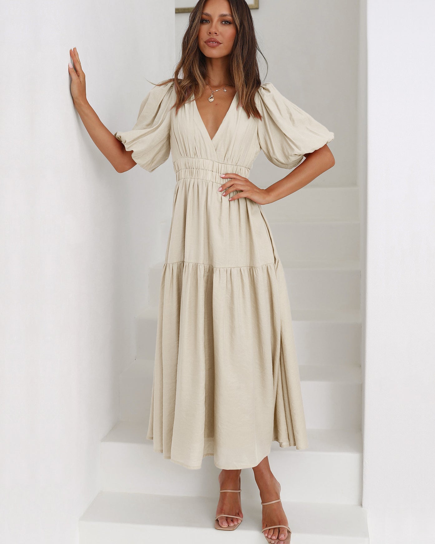 Puff Sleeve Midi Dress with Tiered Skirt
