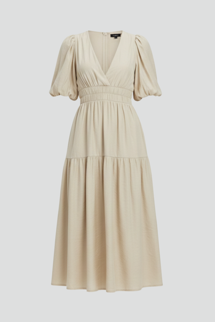 Women’s Midi Dress with V-Neckline and Puff Sleeves