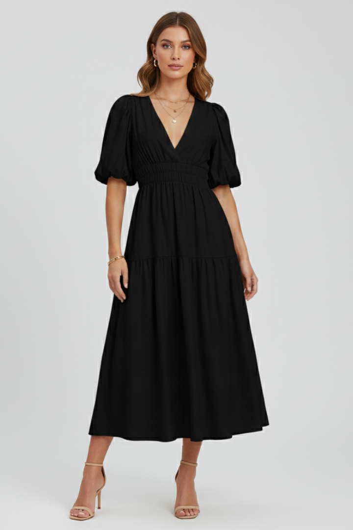 Women’s Midi Dress with V-Neckline and Puff Sleeves
