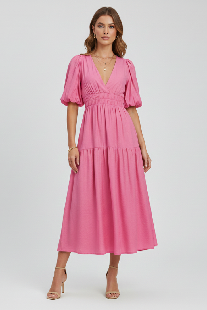 Women’s Midi Dress with V-Neckline and Puff Sleeves