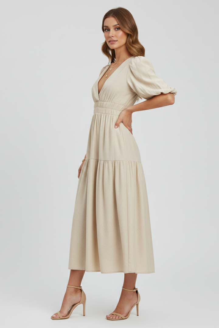 Women’s Midi Dress with V-Neckline and Puff Sleeves
